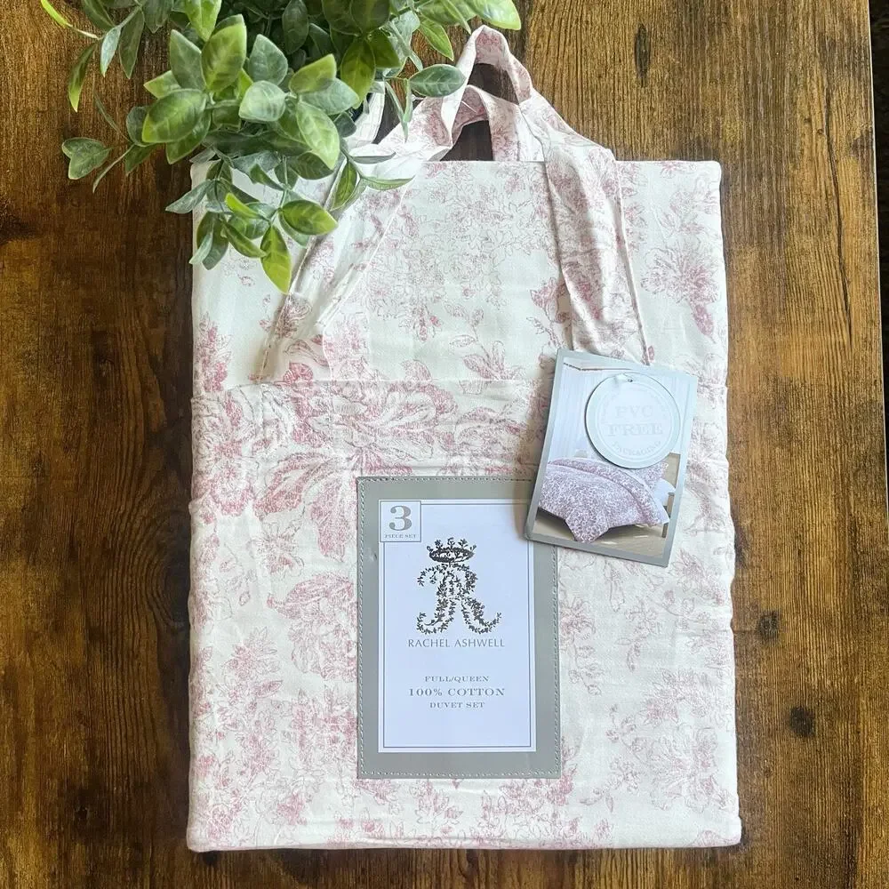 NEW Rachel Ashwell 100% Cotton Duvet Set - Pink White Floral, Full Queen Size